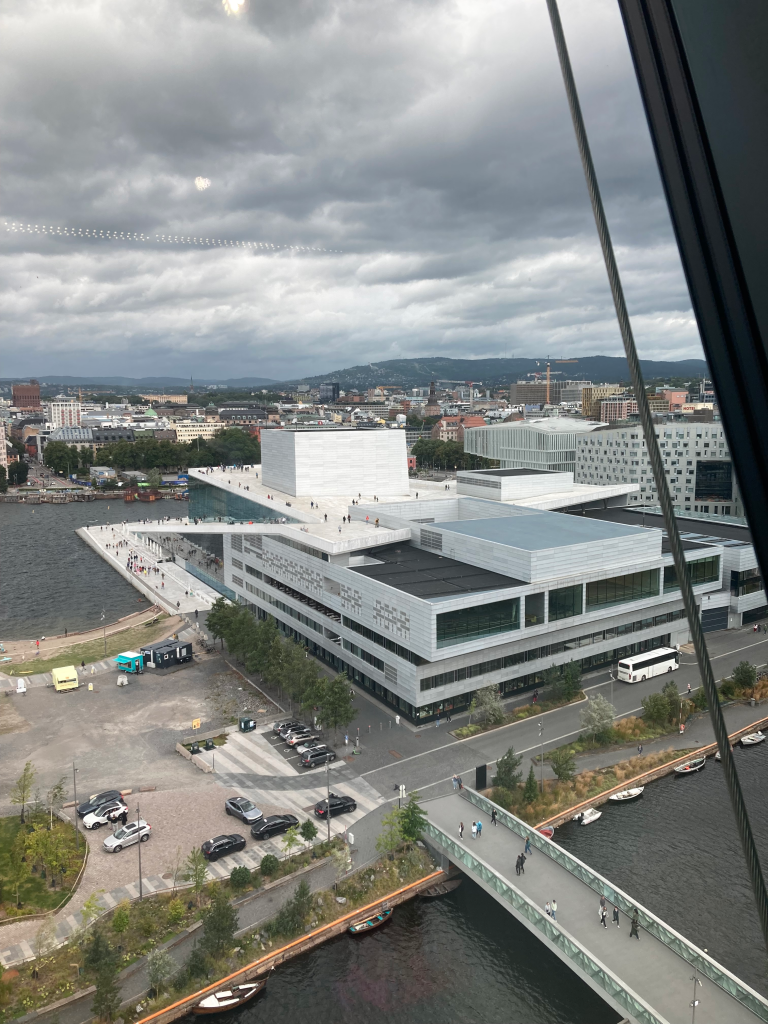 Aerial view of the Opera House in Oslo with kids