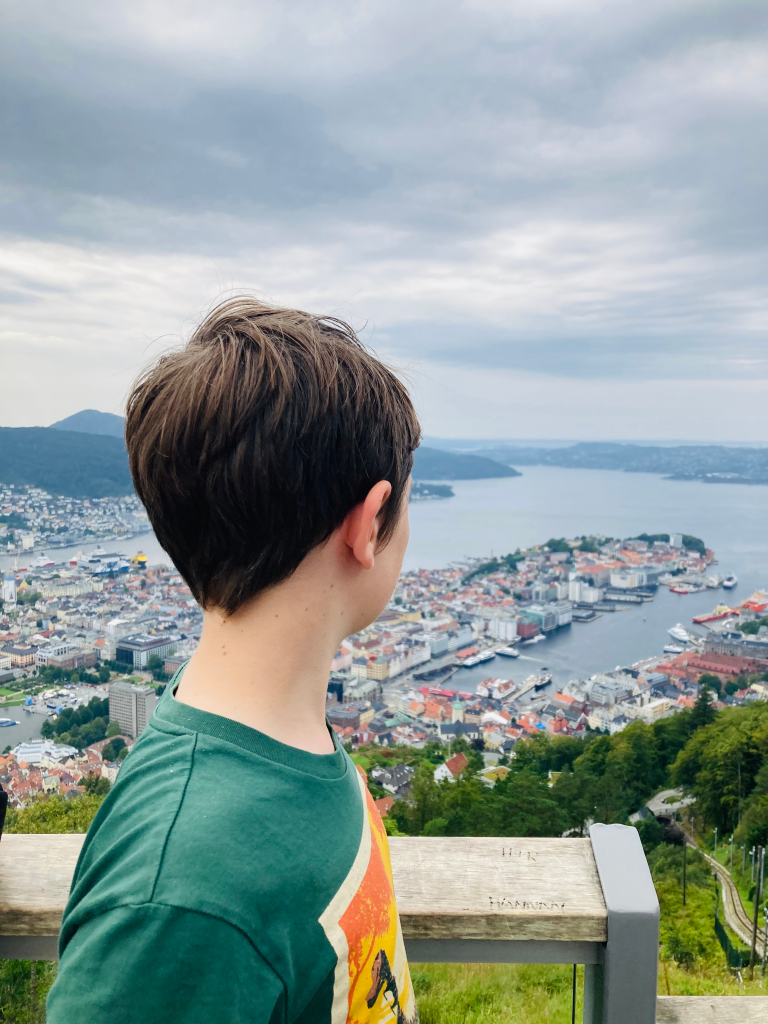 View from Mount Floyen over Bergen with kids